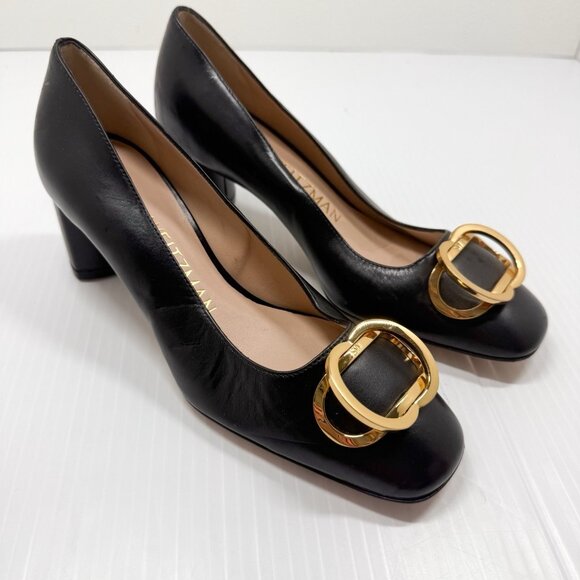 Stuart Weitzman Anicia 60 Black Leather Pumps Gold Buckle Size 5.5 Block Heel - Picture 2 of 13